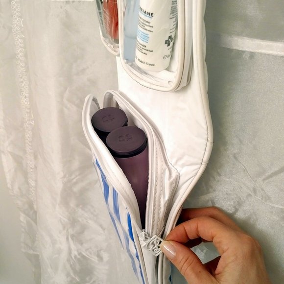 NWOT Estee Lauder Vinyl Travel Case, Blue & White Stripes - Picture 6 of 9